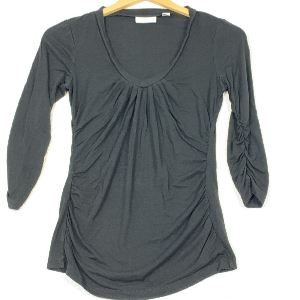 New York & Company Black Ruched V-Neck Top Womens XS Stretch Long Sleeve